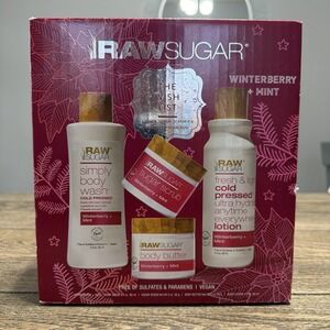 Raw Sugar Winterberry + Mint Gift Set Body Wash Scrub Butter Lotion Vegan